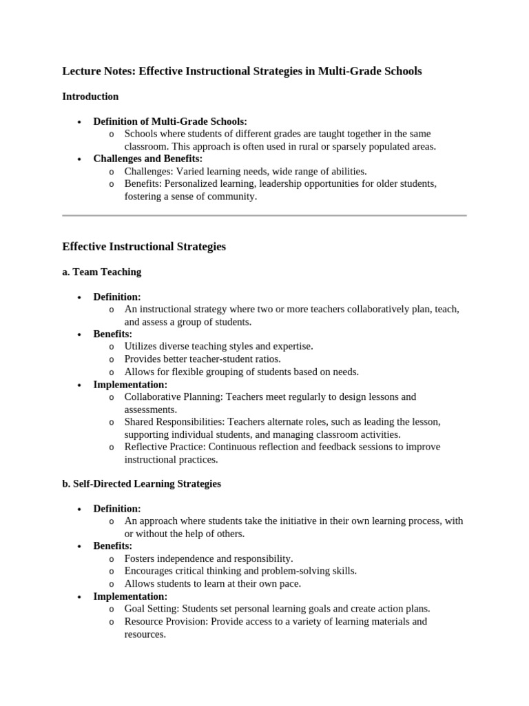 Lecture notes effective instructional strategies in multi grade schools