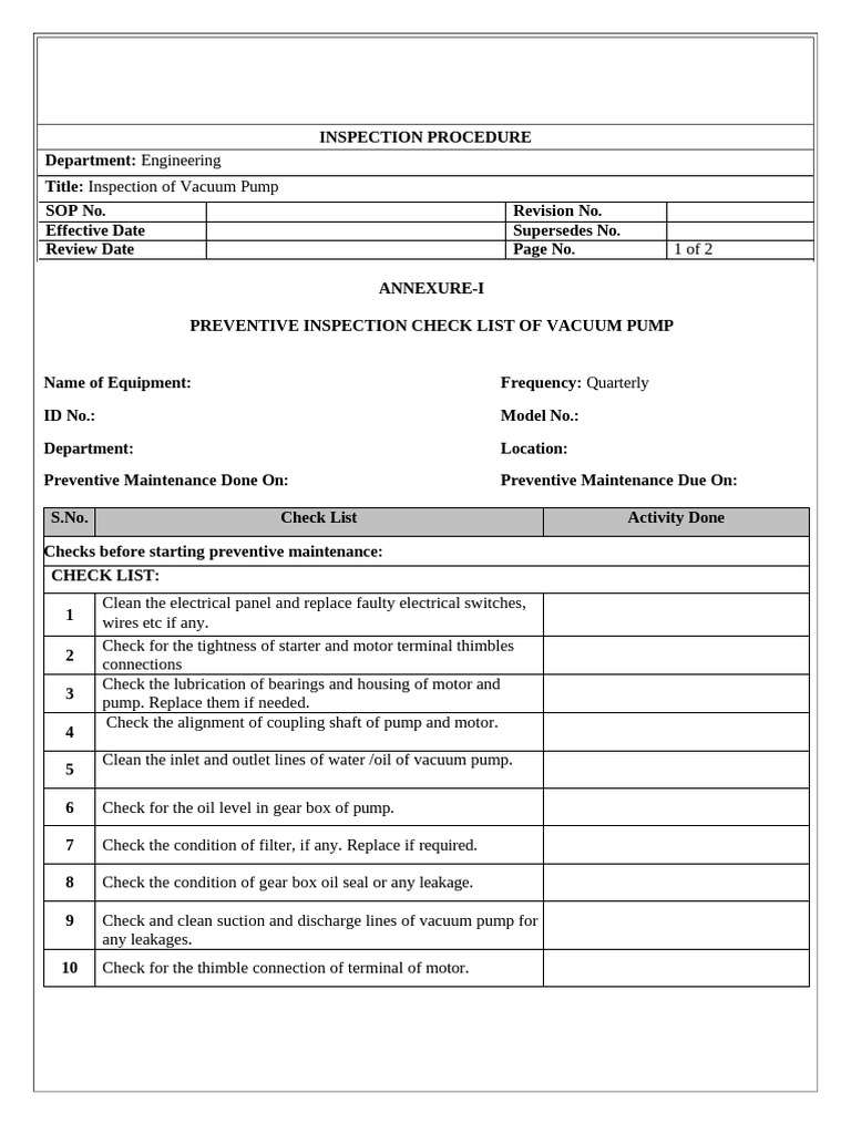 Vacuum Pump Inspection Checklist | PDF | Pump | Vacuum