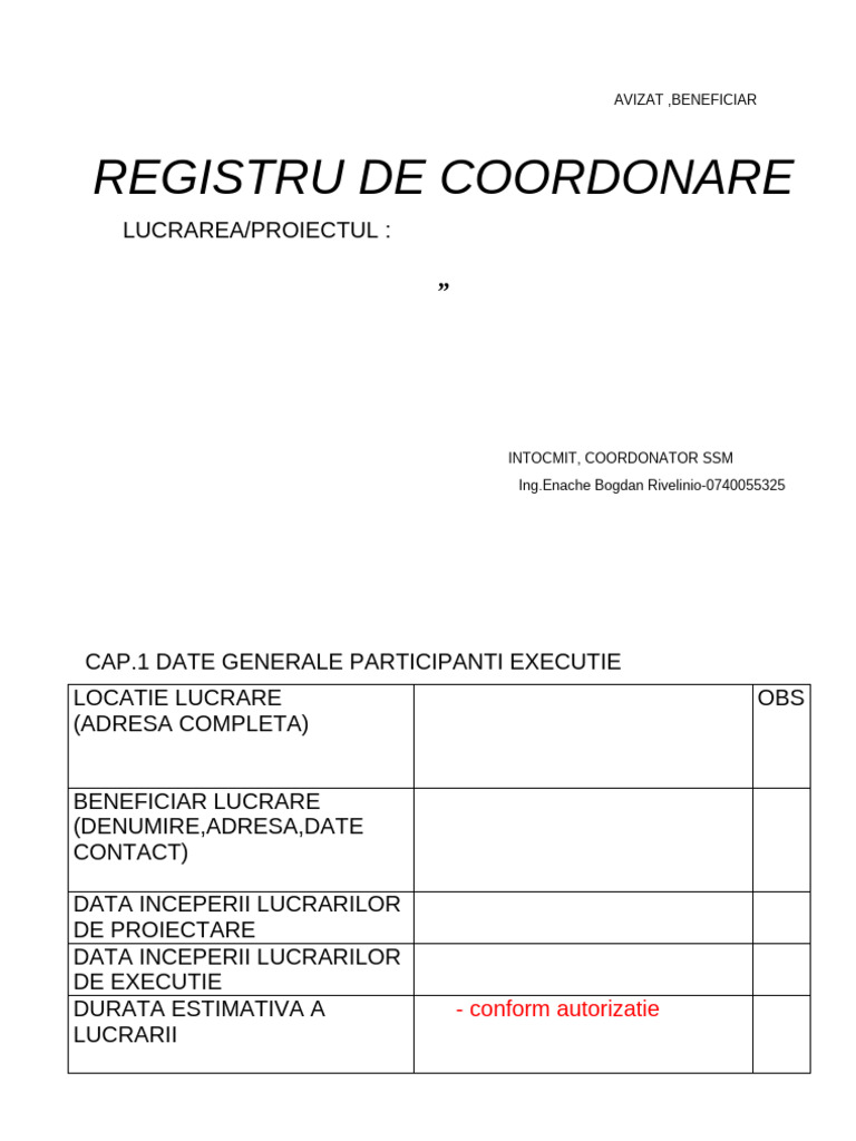 Registru de Coordonare Cadru | PDF