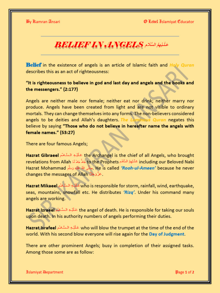 A F 2 Belief In Angels Pdf Prophets And Messengers In Islam Angel