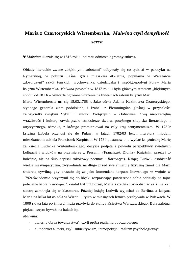 Maria Z Czartoryskich Wirtemberska, Malwina Czyli Domyślność Serca | PDF
