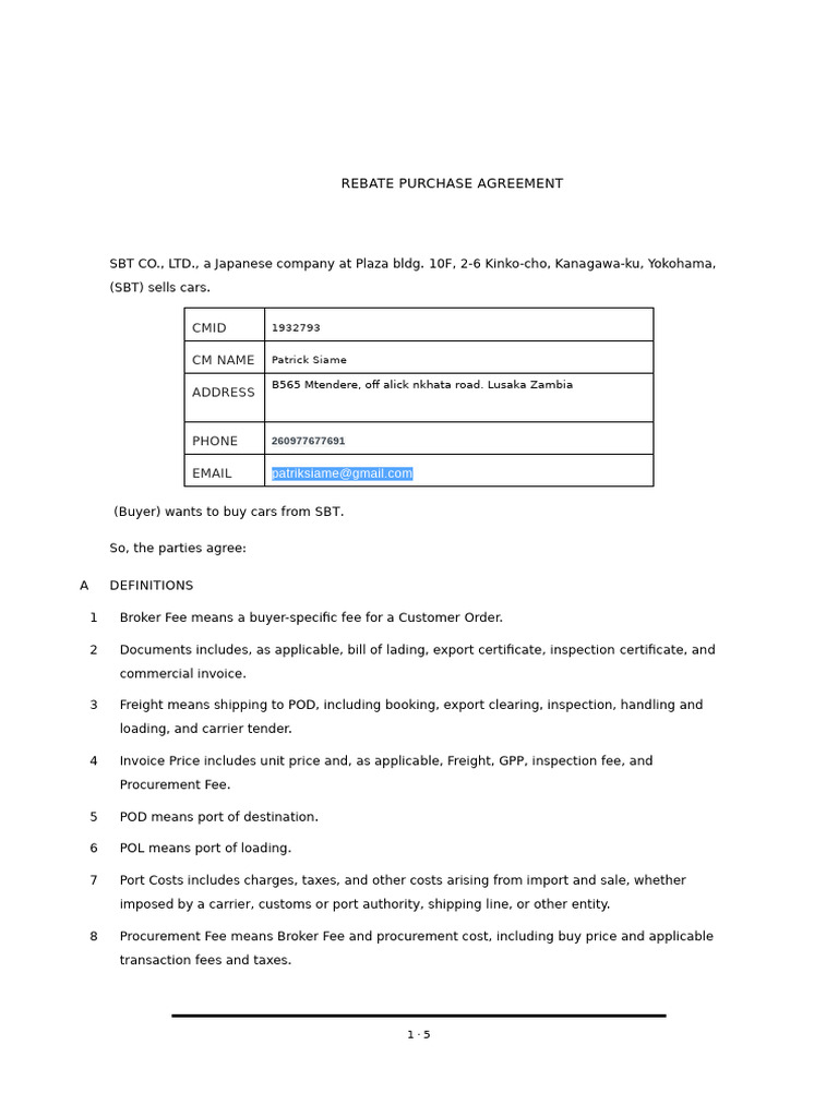 Rebate Purchase Agreement for Cars | PDF | Coupon | Legal Liability