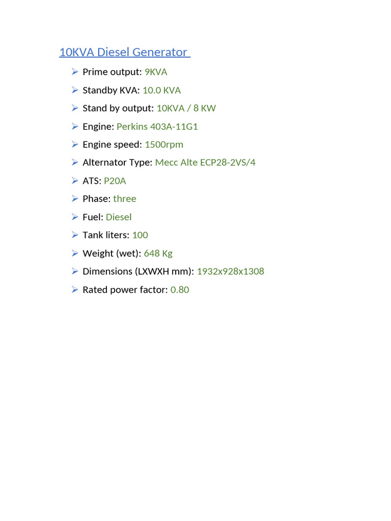 10KVA Diesel Generator Specs | PDF