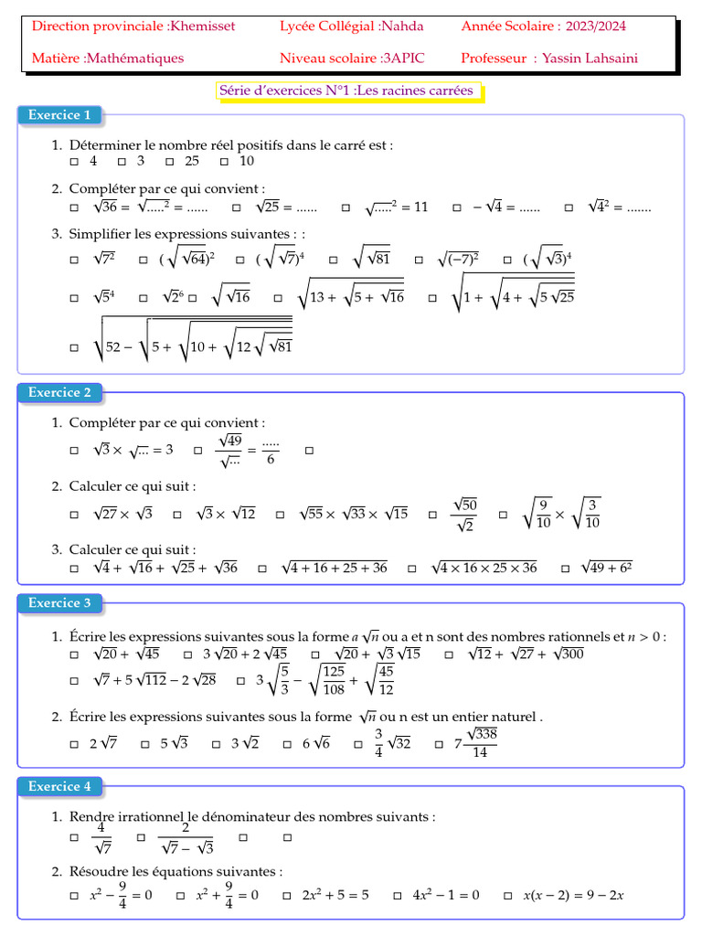 Exercices corrigés sur les racines carrées | PDF | Mathématiques | Nombre