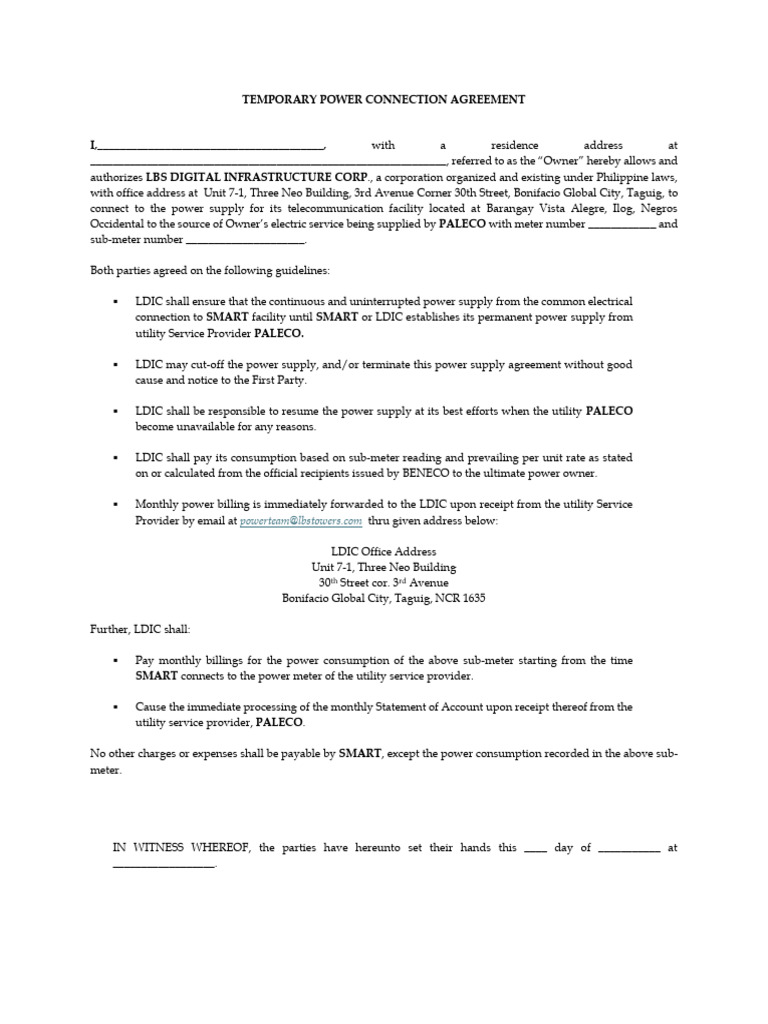 Temporary Power Connection Agreement | PDF