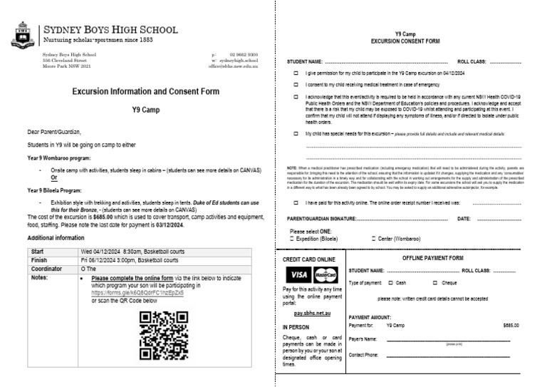 Y9 Camp Excursion: Wombaroo Details | PDF | Payments | Cheque