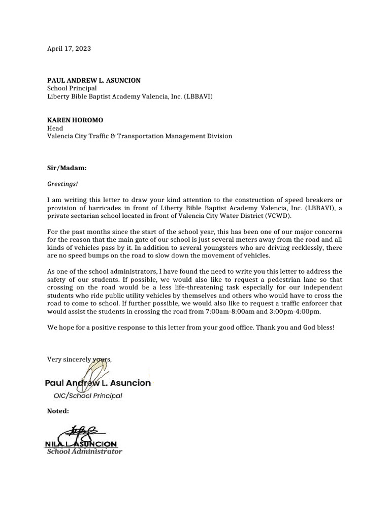 Letter Requesting Speed Breakers in Front of School | PDF