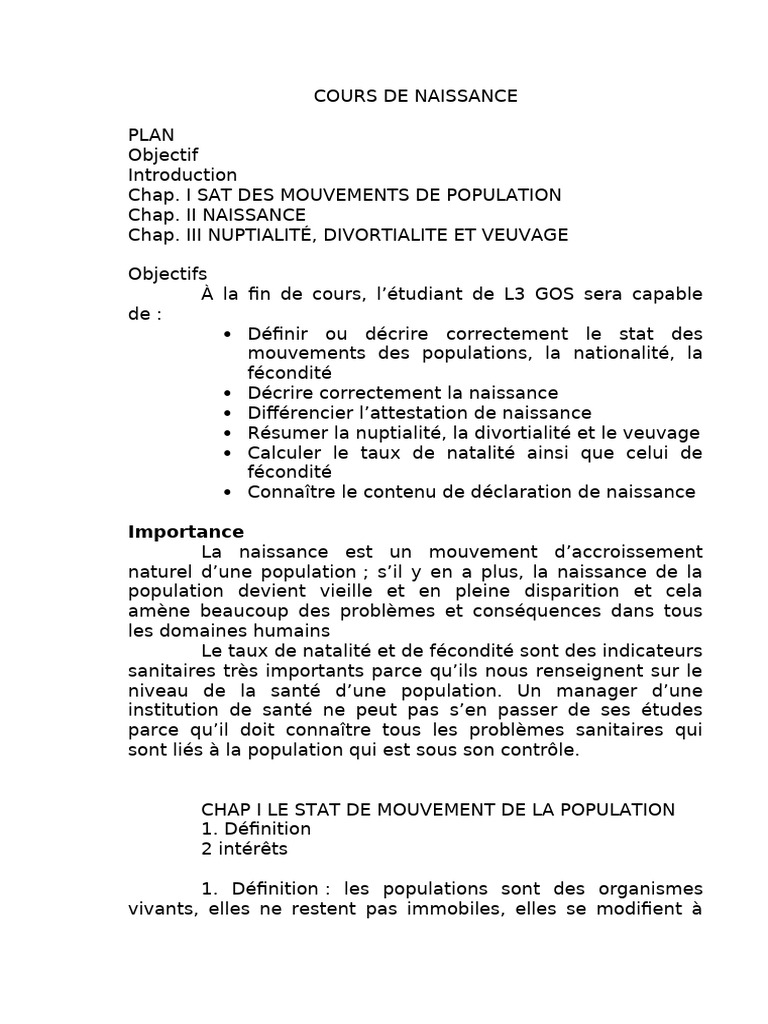 Définition et Calcul du Taux de Natalité | PDF | Taux de fécondité ...
