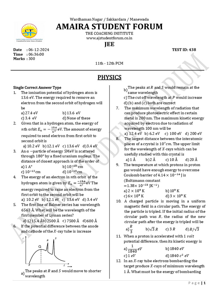 Test id 438 pcm jee pdf atomic nucleus electron