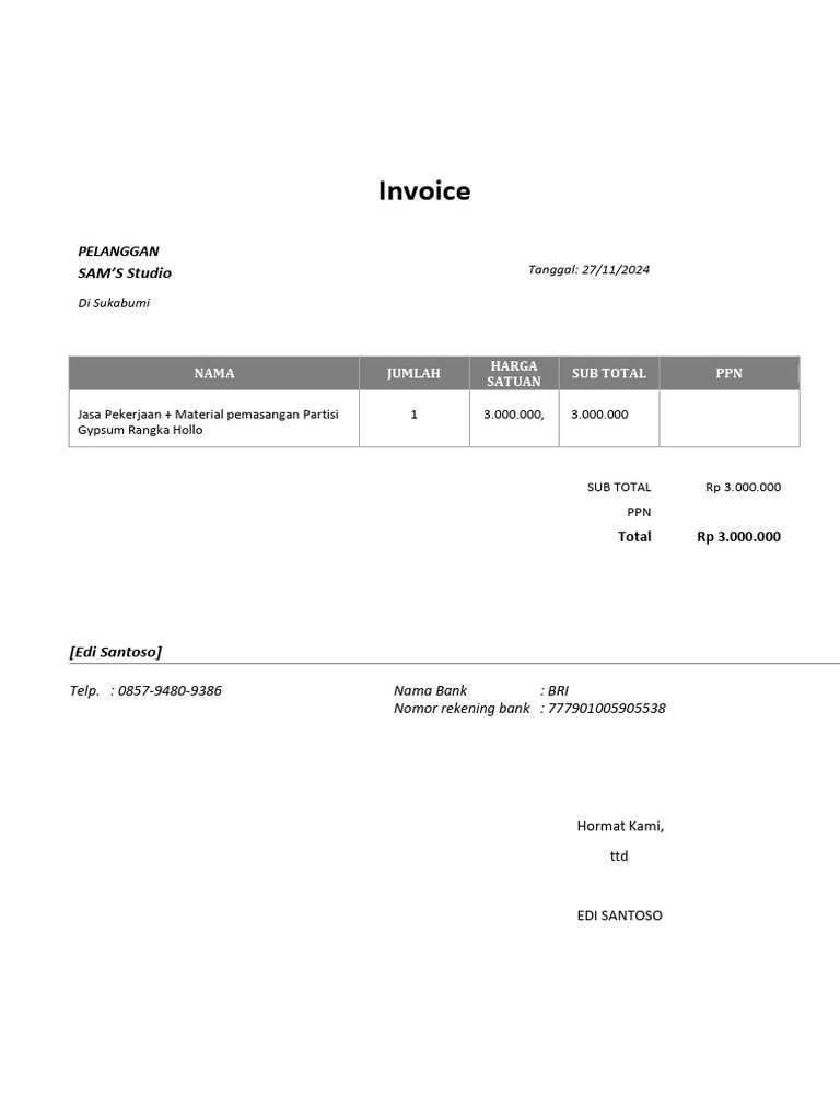Invoice Jasa SAM'S Studio 27 Nov 2024 | PDF