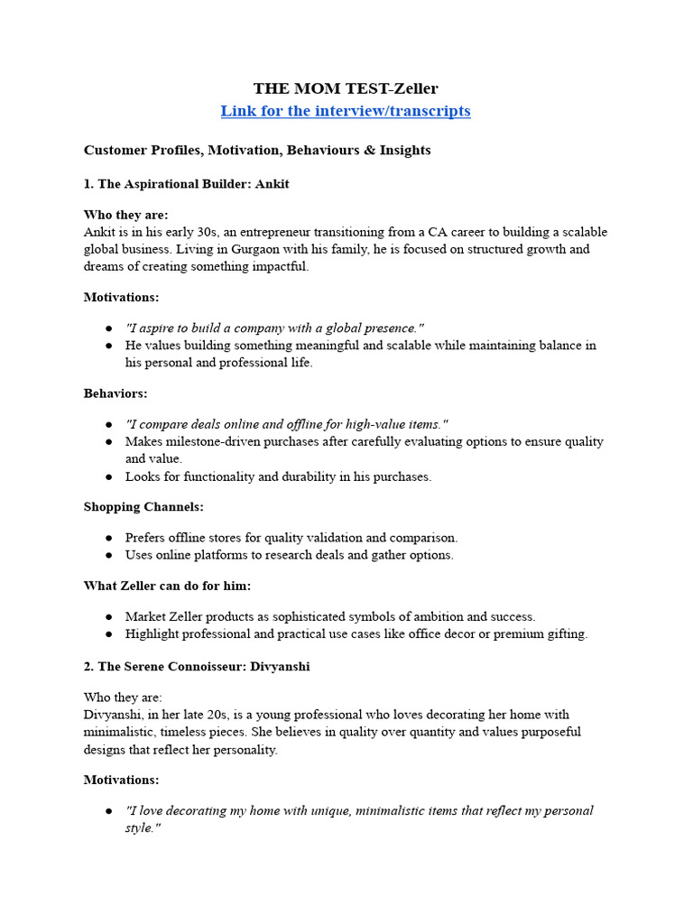 VIP Assignment-4 The MOM Test - Zeller | PDF | E Commerce | Motivation