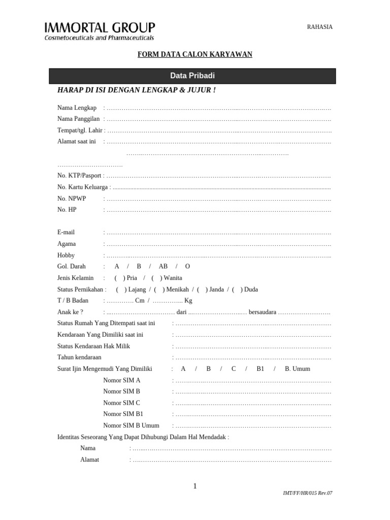 Form Data Karyawan Baru Rev.08 | PDF