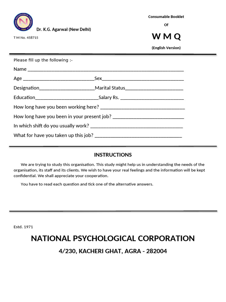 Work Motivation Questionnaire Overview | PDF | Social Psychology ...