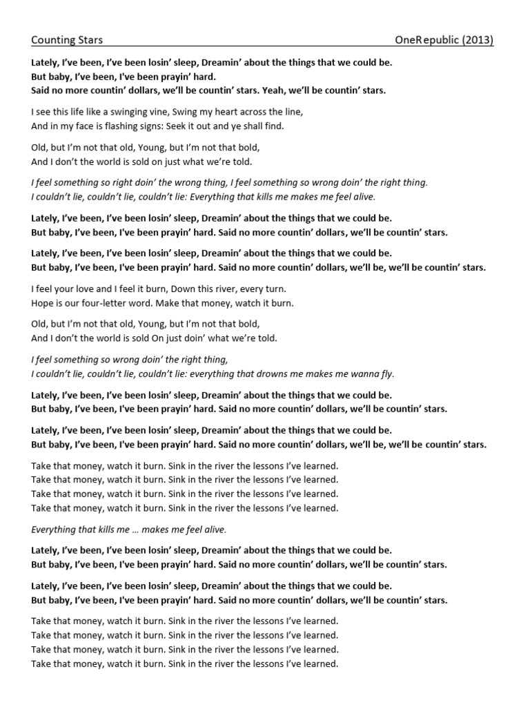 Counting Stars Lyrics by OneRepublic | PDF