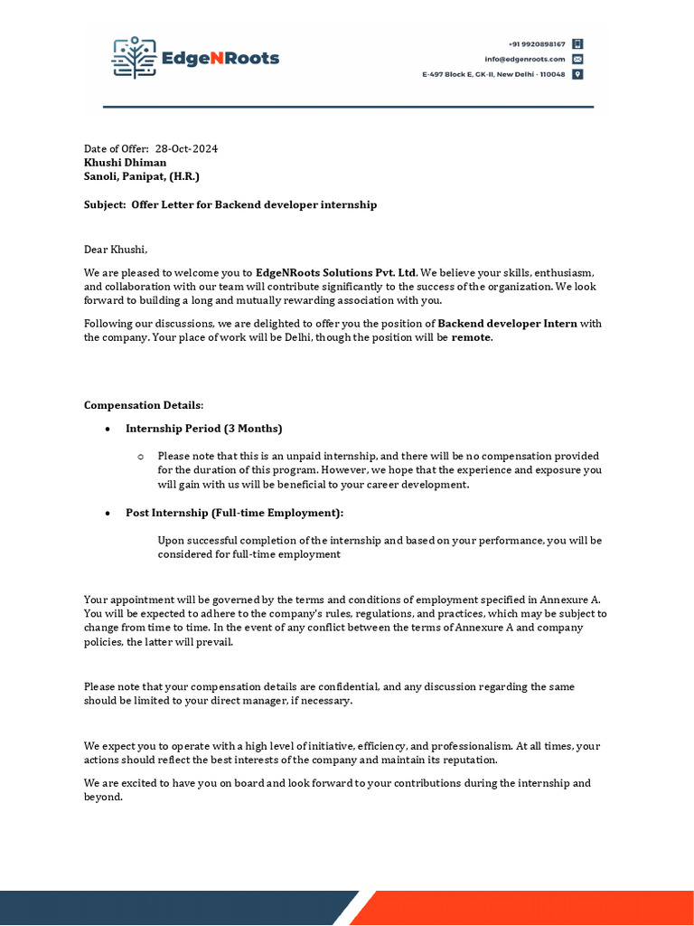Offer Latter - Backend Developer Intern Khushi | PDF | Confidentiality ...