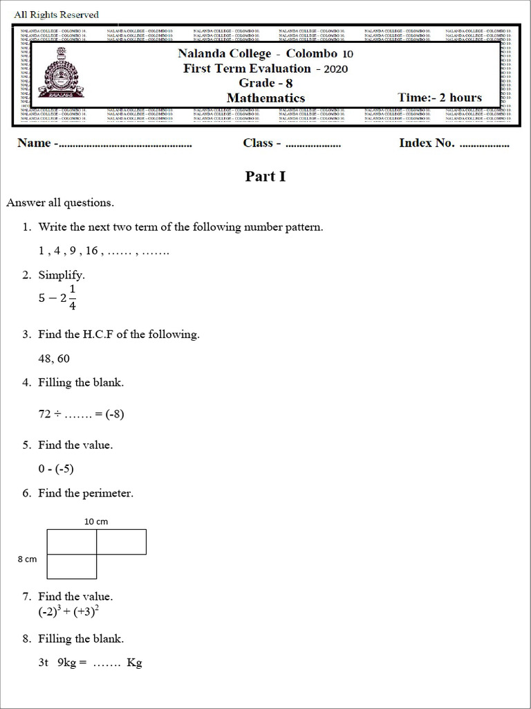 Grade 8 Maths Test Paper | PDF | Triangle | Geometry