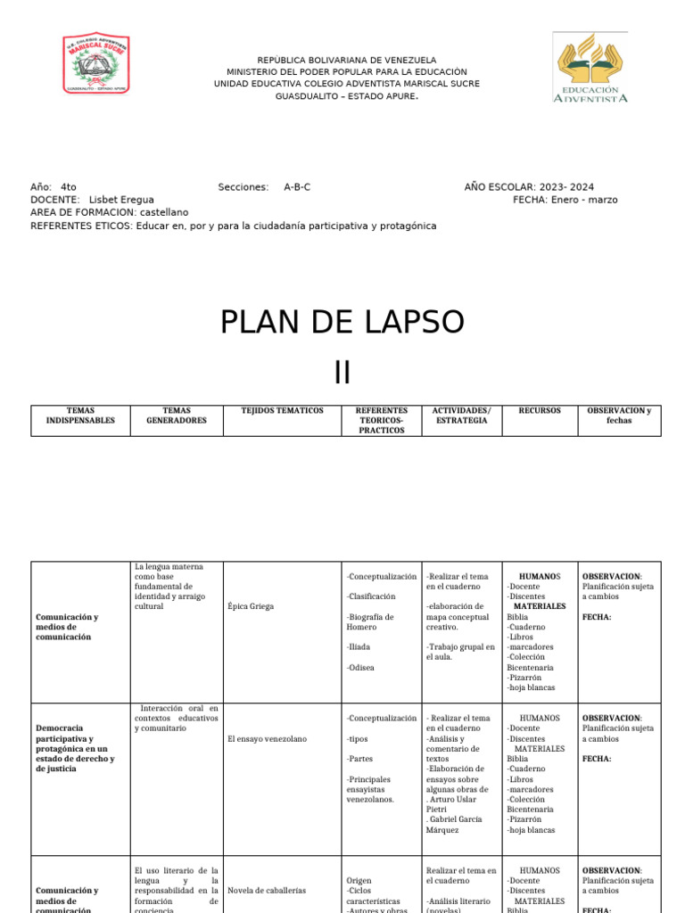 Plan de Lapso II: Educación en Castellano | PDF