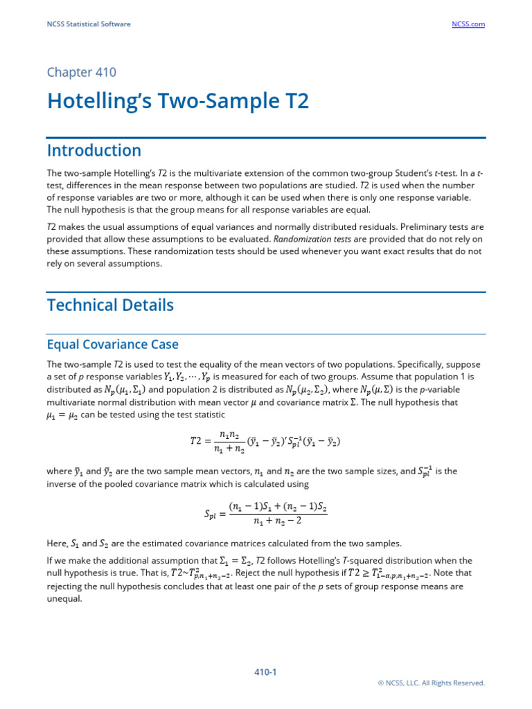Hotelling's T2 Test Overview and Example | PDF | Covariance | Student's ...