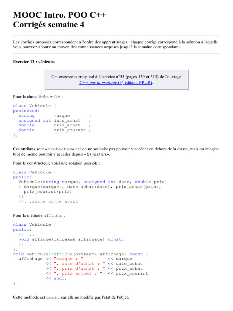 Corrigés MOOC POO C++ Semaine 4 | PDF | C ++ | Programmation informatique