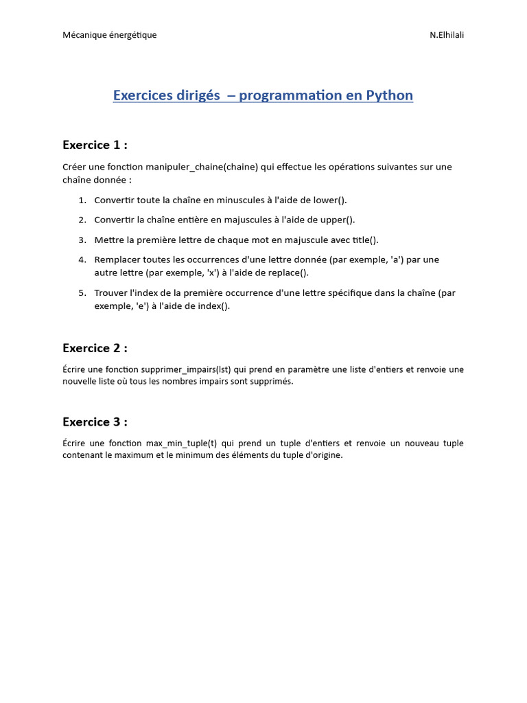 Exercices Python sur chaînes et listes | PDF