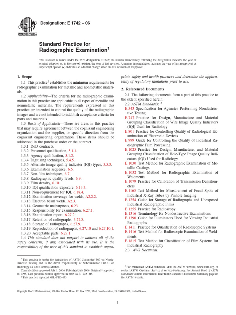 ASTM E1742-06 Standard Practice For Radiographic Examination | PDF ...