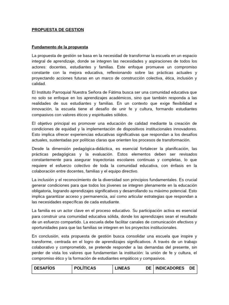 Propuesta de Gestión Educativa Integral | PDF | Inclusión (Educación ...
