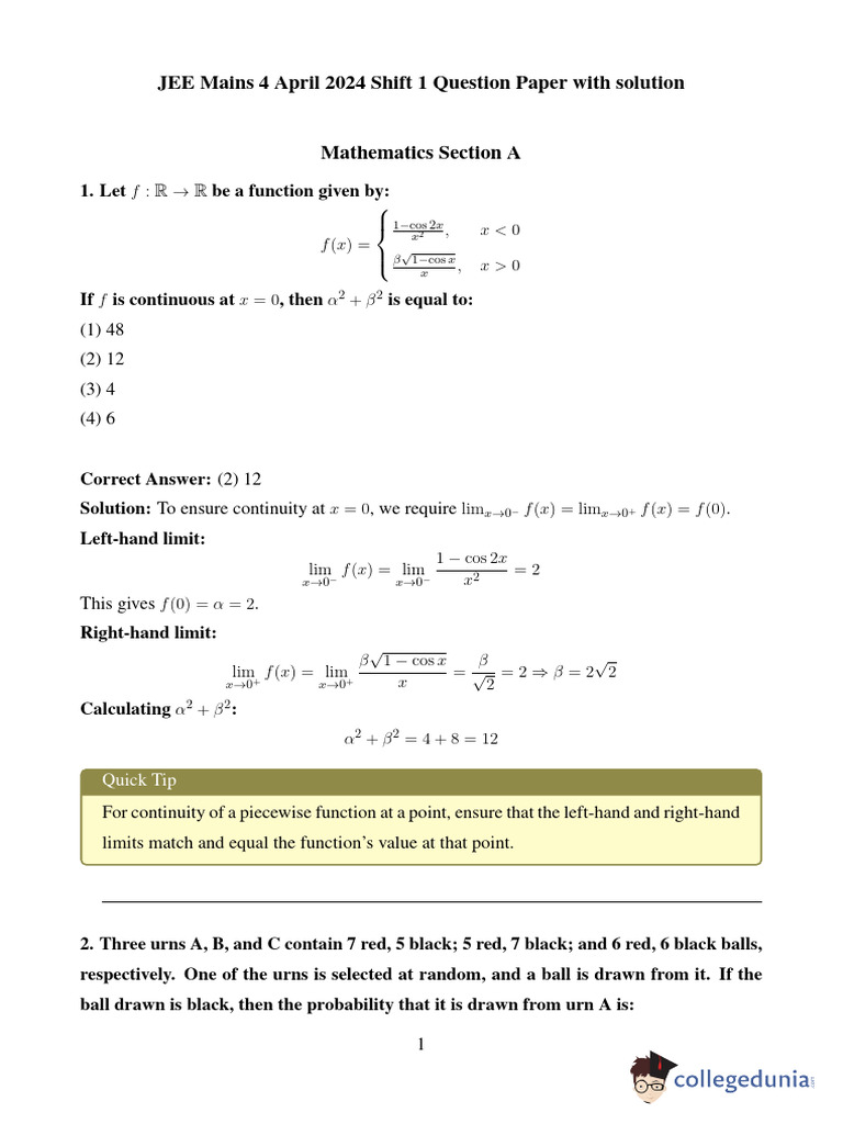 Watermarked JEE Mains 2024 4 April Shift 1 | PDF | Matrix (Mathematics ...