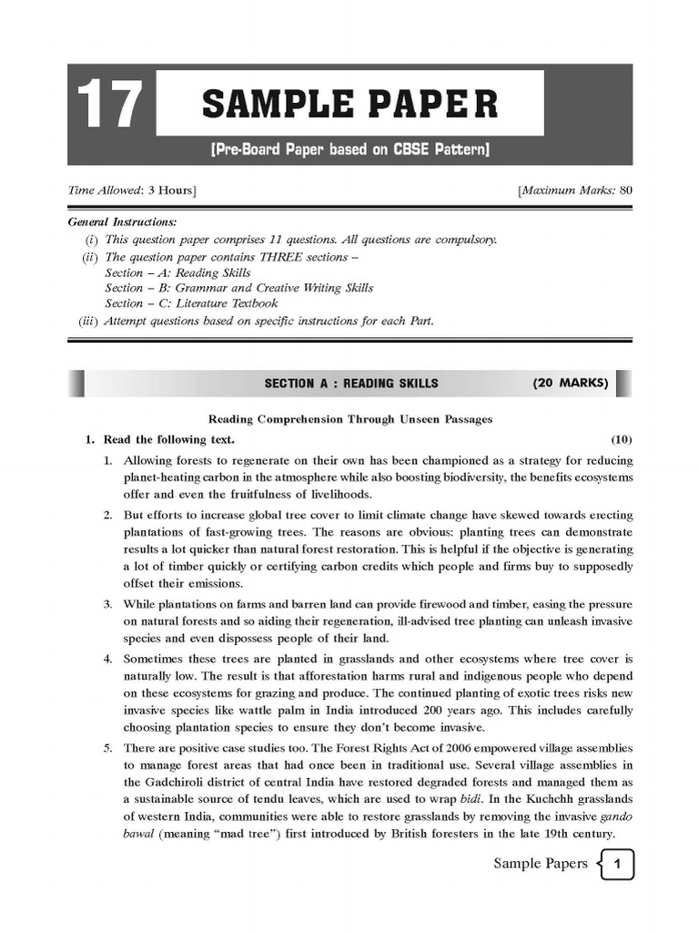 Cbse cl10 Ead English LLR Pre-Board Paper 17 | PDF