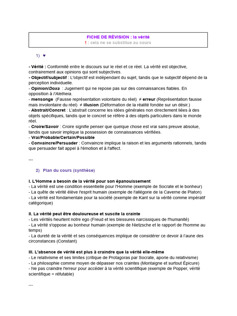 Fiche de révision : La vérité en philo | PDF | Vérité | Platon