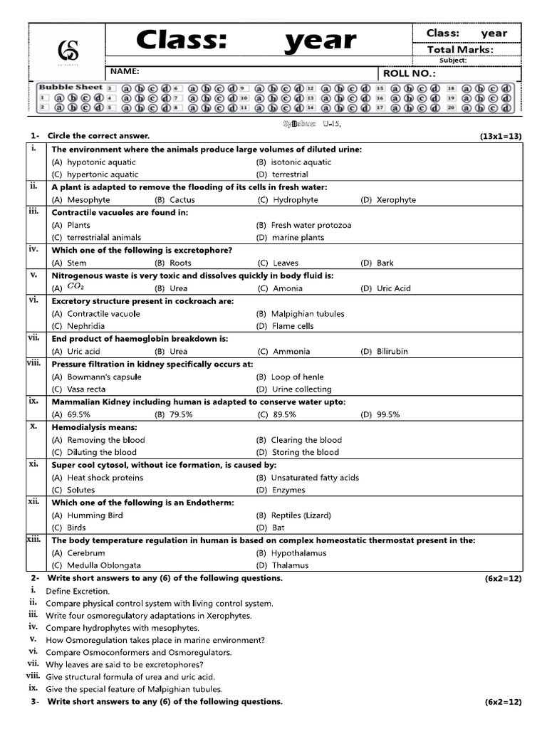 Grade 12 Biology Test Paper PDF | PDF