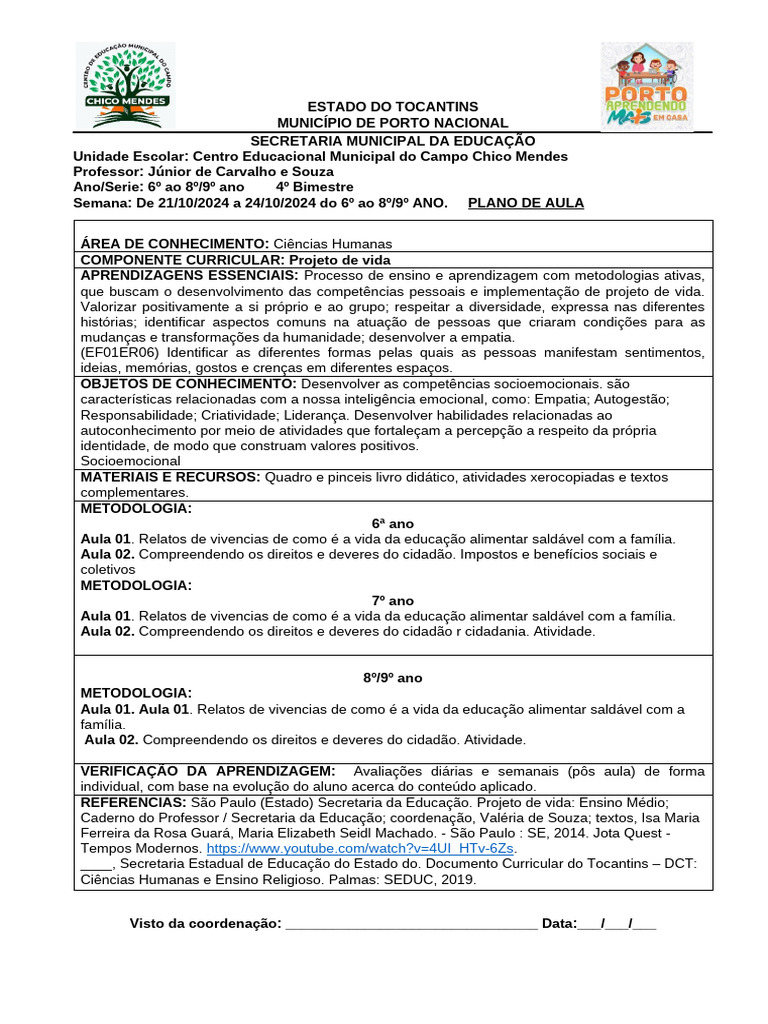 Plano de Aula: Projeto de Vida | PDF | Lição | Aprendizado
