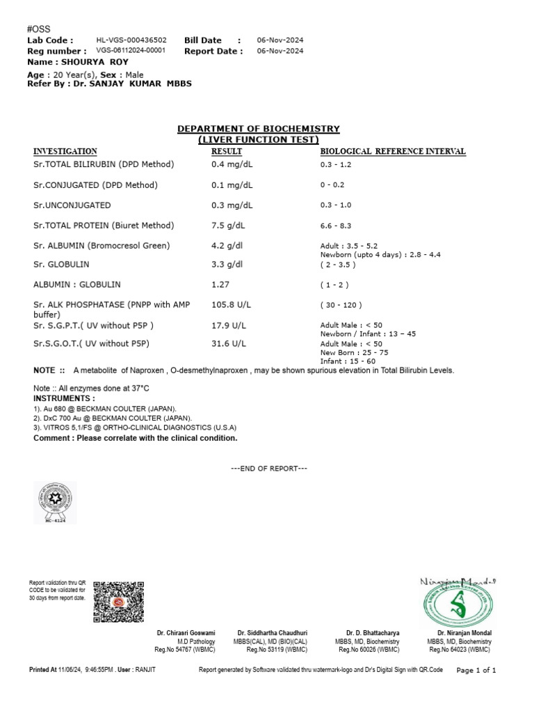 Liver Function Test Report for Shourya Roy | PDF | Liver | Medical ...