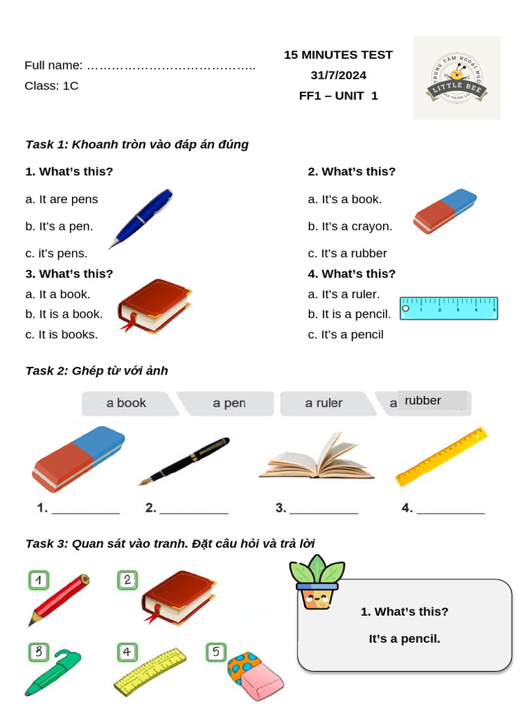 Task 1: Khoanh Tròn Vào Đáp Án Đúng: Full Name: .. Class: 1C | PDF