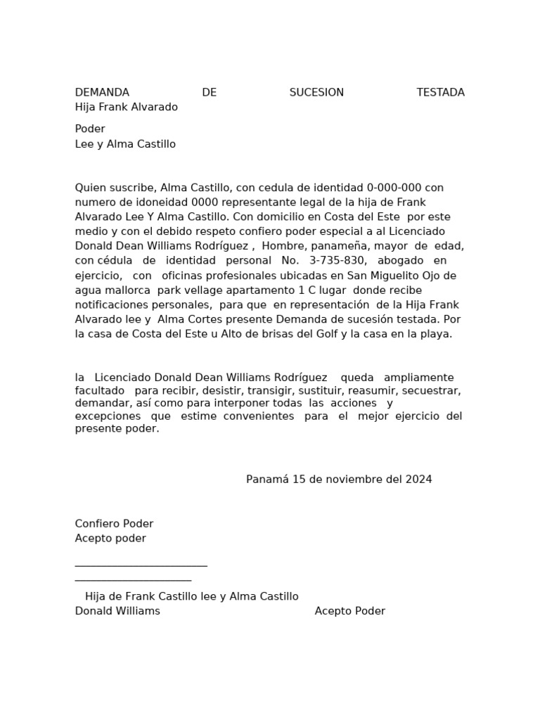 Demanda de Sucesión Testada en Panamá | PDF | Gobierno | Justicia
