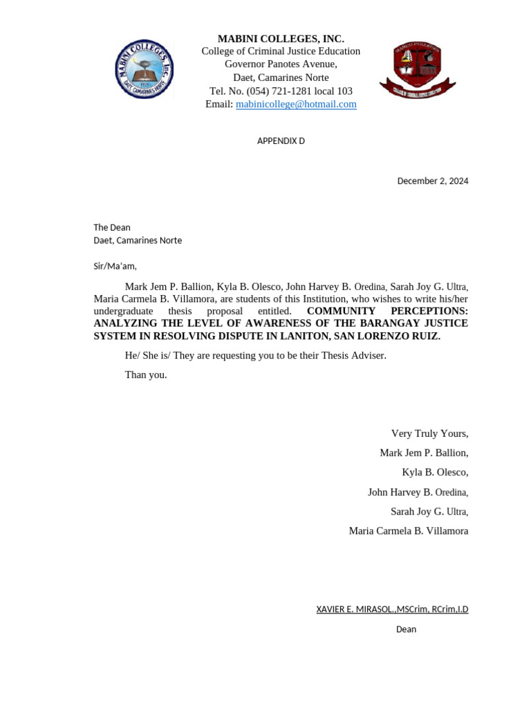Letter For Adviser (Appendix D) | PDF