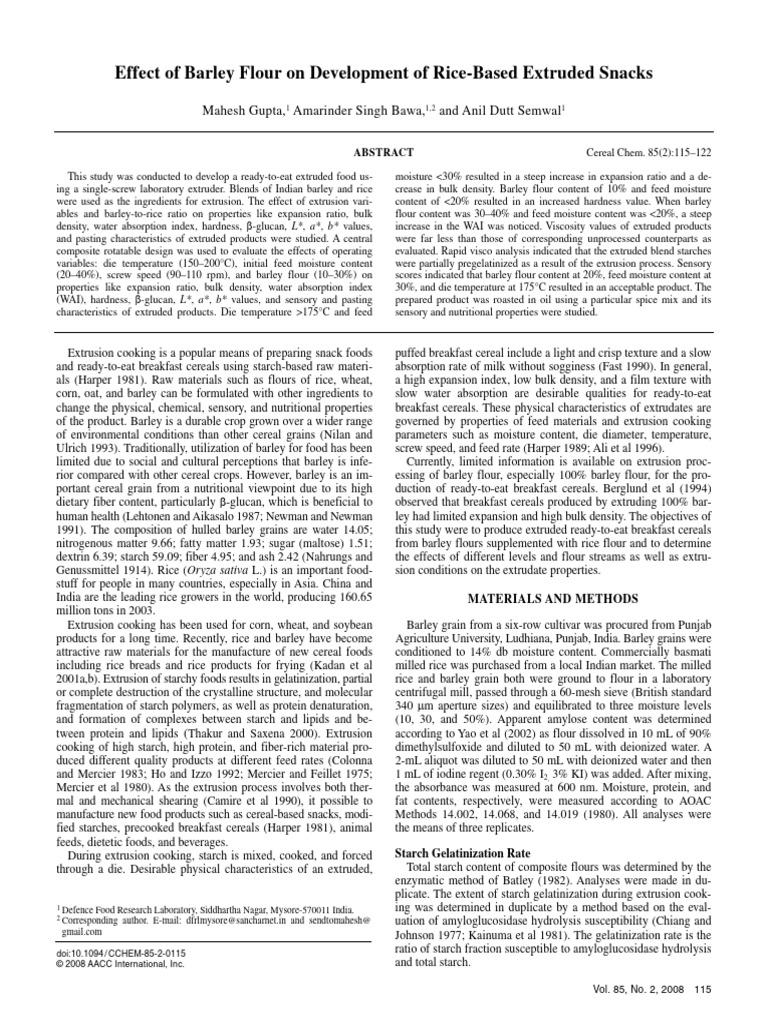 Effect of Barley Flour On Development of Rice-Based Extruded Snacks ...