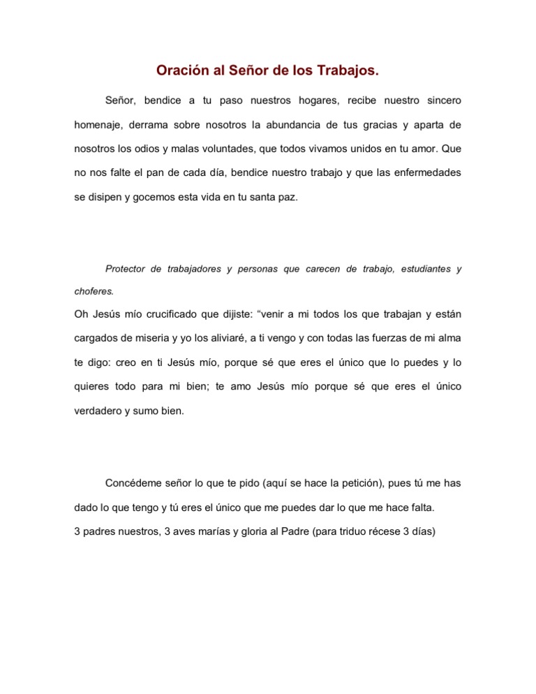 Oración al Señor de los Trabajos Oración al Señor de los Trabajos