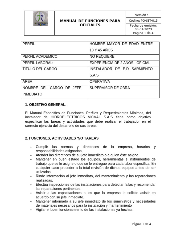 Manual de Funciones Instalador E.D. | PDF | Seguridad y salud ...