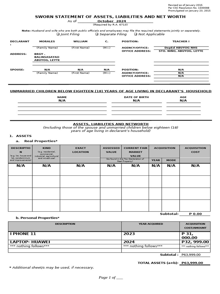 Sworn Statement of Assets & Liabilities | PDF
