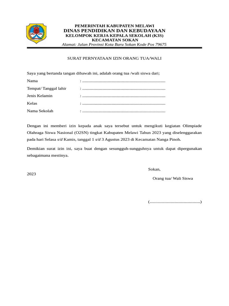 Surat Izin Orang Tua untuk O2SN 2023 | PDF