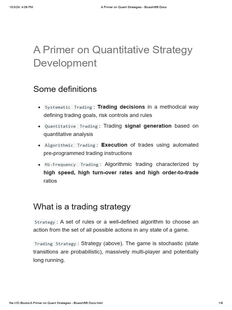 A Primer On Quant Strategies - Blueshift® Docs | PDF | Algorithmic ...