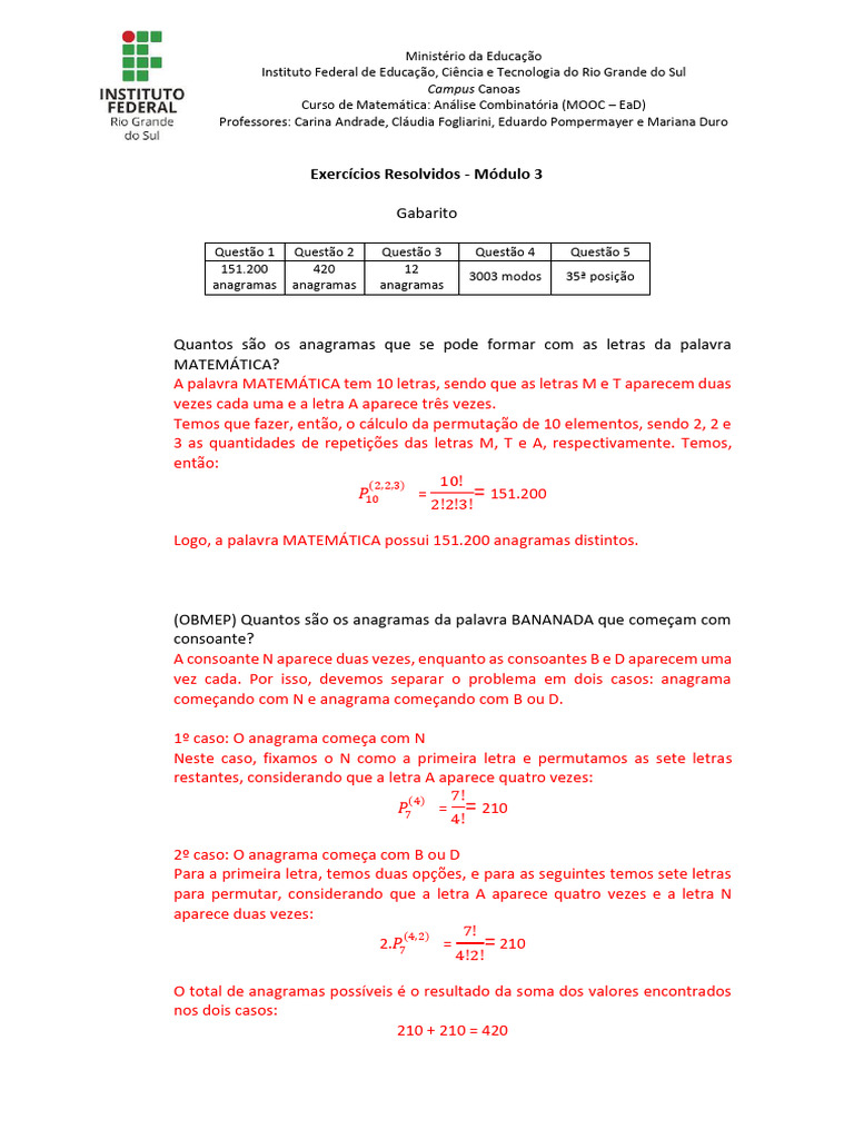 Exercícios Resolvidos - Permutação Com Repetição Módulo 3 (03 PG) IFRS ...