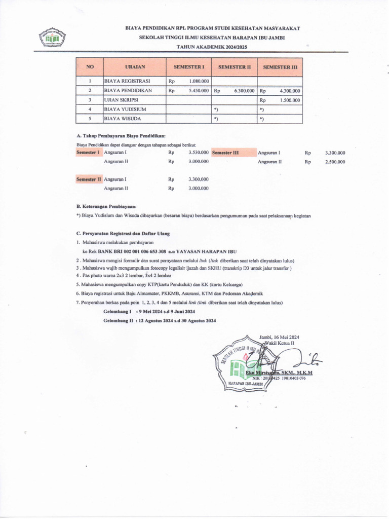 Biaya Kuliah (RPL) Kesehatan Masyarakat Ta 2425 | PDF