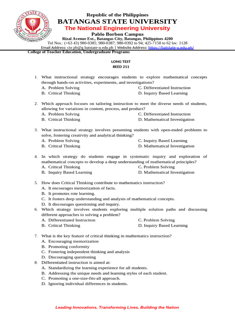 LONG-TEST | PDF | Educational Assessment | Standardized Tests