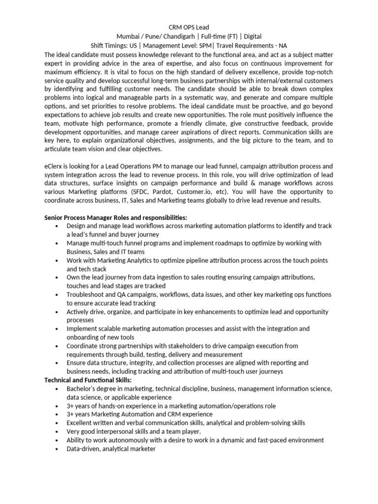 Senior Process Manager - CRM Ops Lead | PDF | Customer Relationship ...