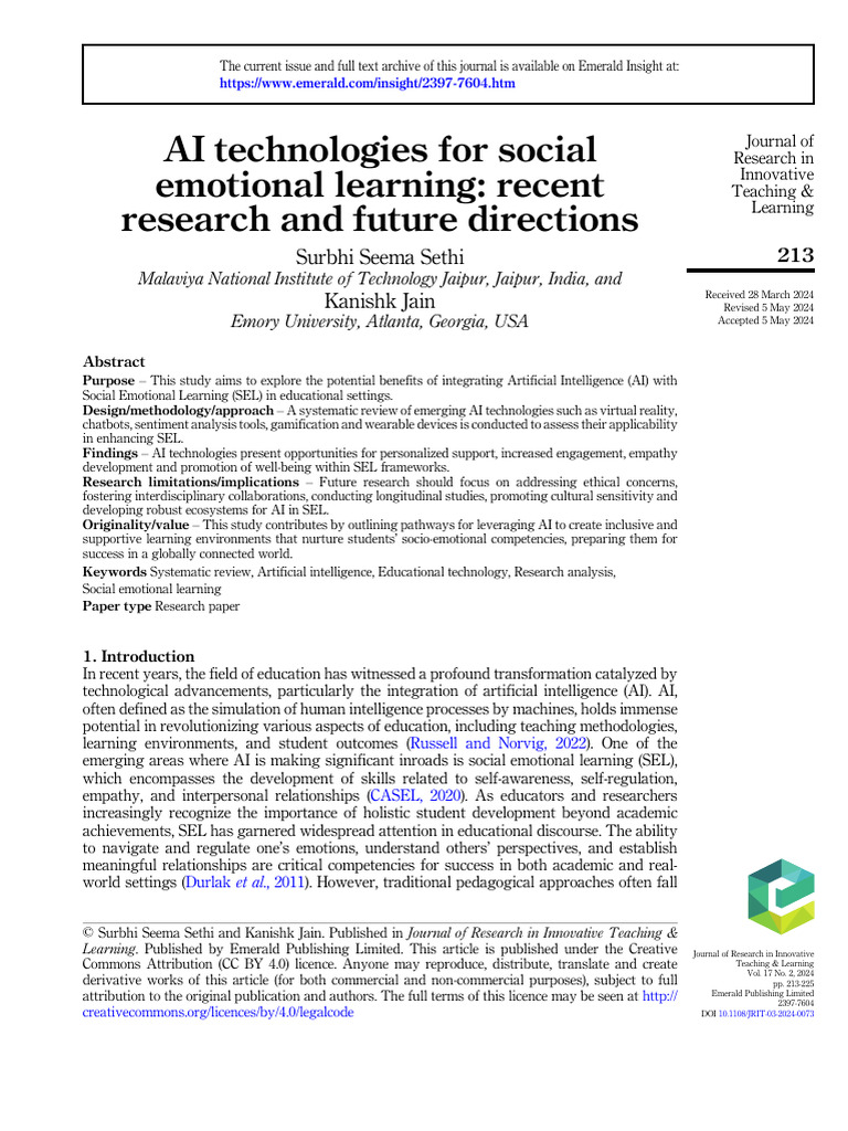 AI in Social Emotional Learning Insights | PDF | Intelligence (AI ...