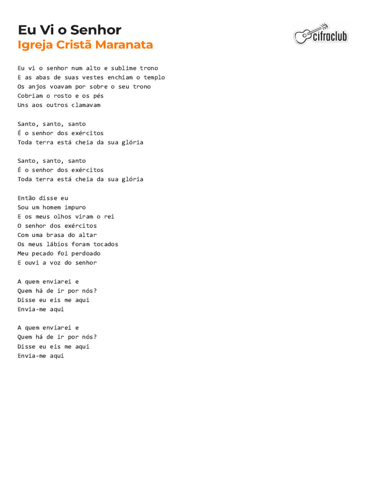 Cifra Club Igreja Cristã Maranata Eu Vi O Senhor Pdf