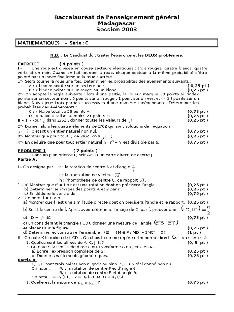 Baccalauréat Madagascar 2003 - Maths Série C | PDF | Angle | Concepts ...