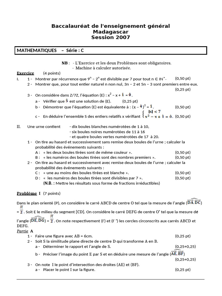 Baccalauréat Madagascar 2007 : Maths Série C | PDF | Angle | Tangente ...