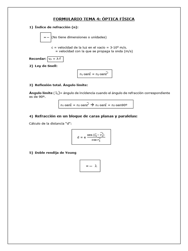 Formulario Óptica Física | PDF